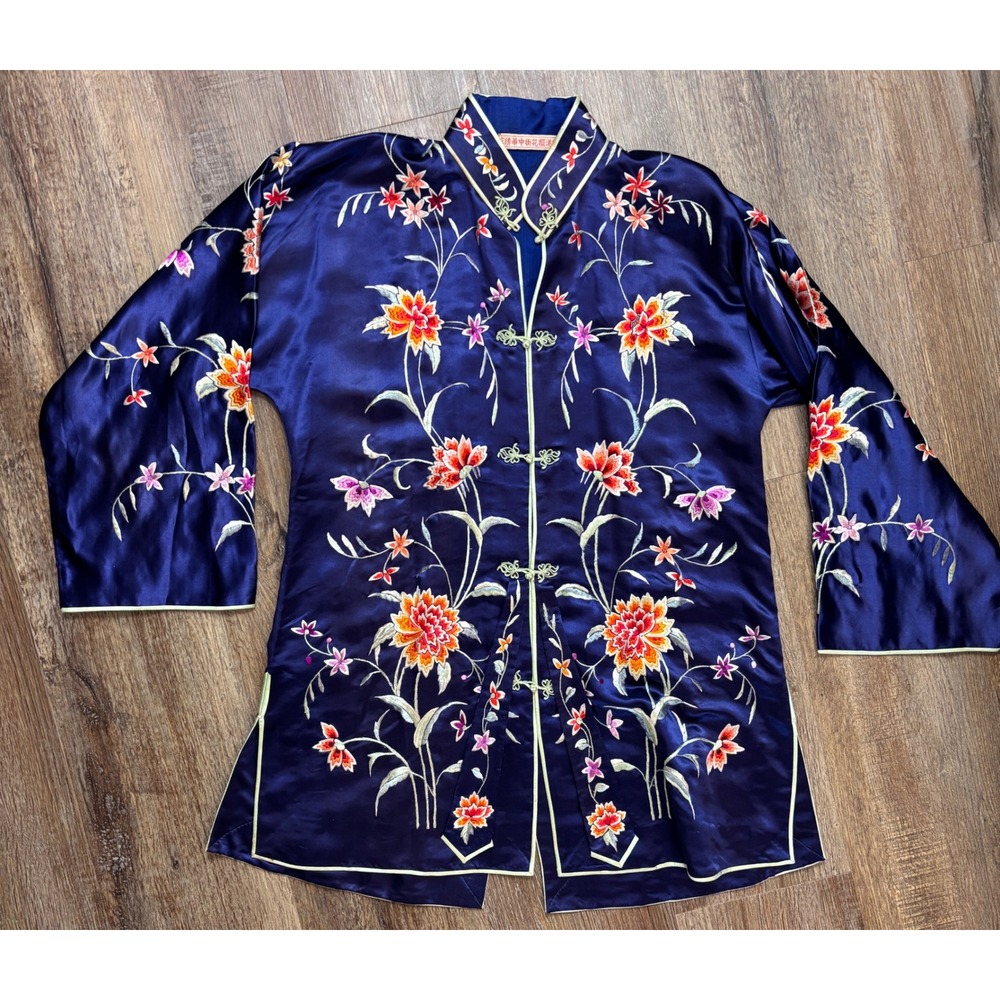 Vintage Silk Embroidered Floral Jacket Cobalt Blue Mandarin Collar Frog Buttons